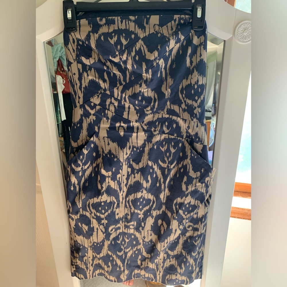 Michael Kors Ikat Sheath Dress Strapless 4 Small Washed Indigo Blue Tan Print